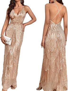 Sequin Spaghetti-Strap Evening Gown - Rose Gold